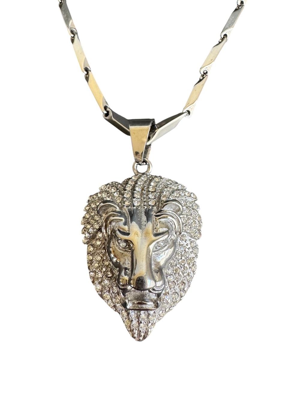 Stainless Steel Lion Head Necklace Silver Iced Out Rhinestone Statement 30"